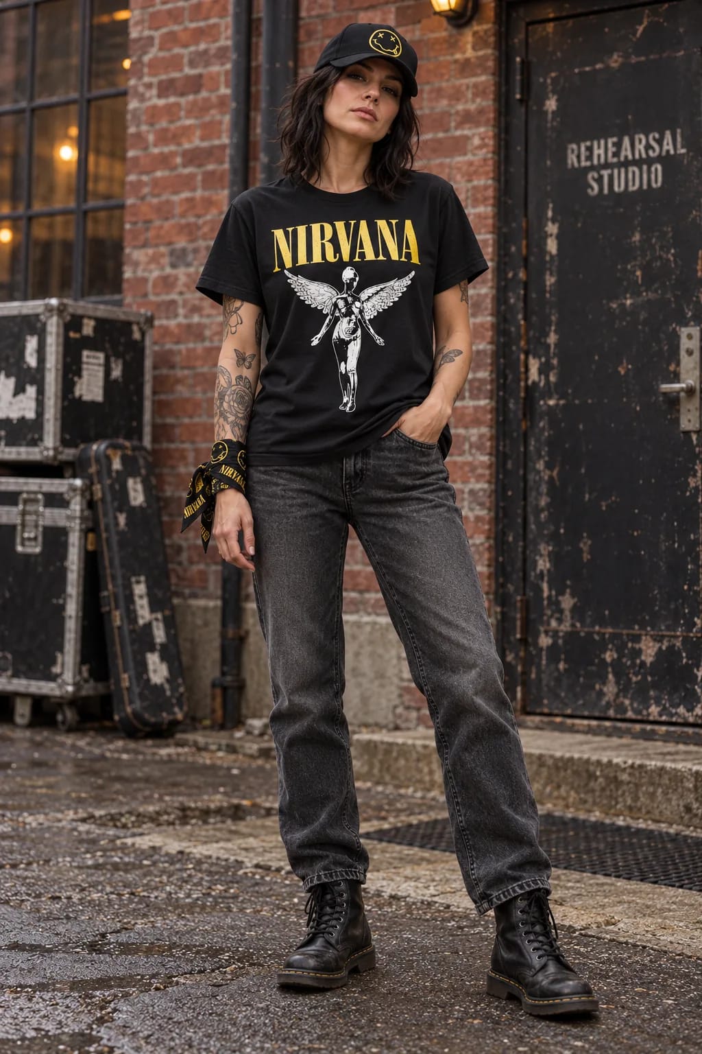 AI-визуализация образа с футболкой Nirvana In Utero, бейсболкой и банданой Nirvana