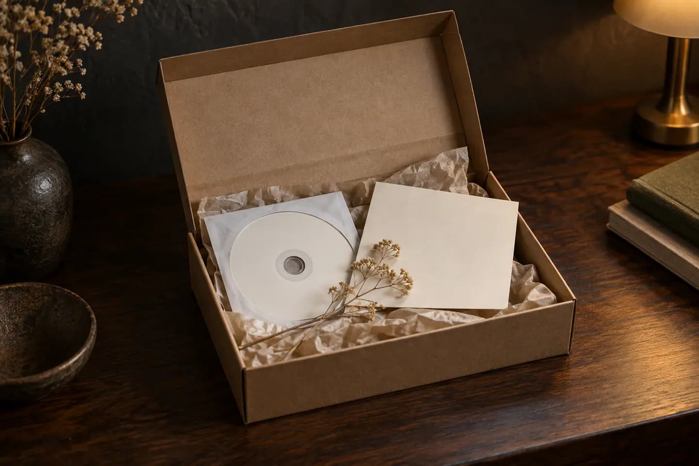 Открытая подарочная коробка с нейтральным CD, открыткой и сухой веточкой.