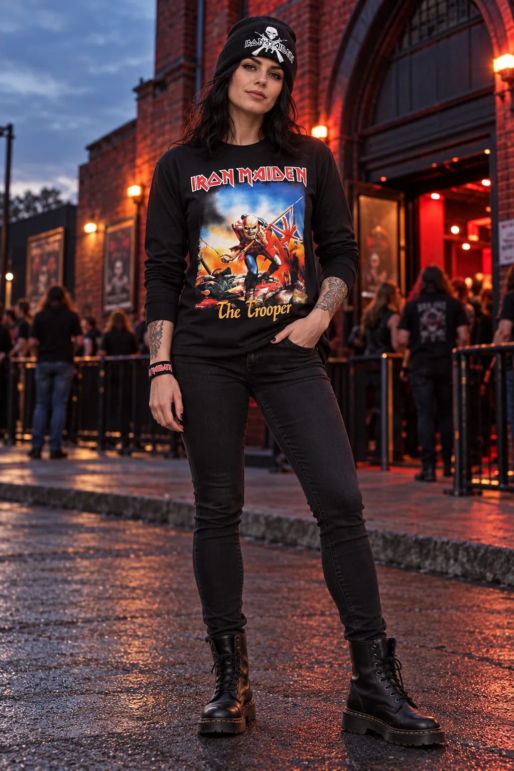 AI-визуализация образа с лонгсливом Iron Maiden The Trooper, рок-шапкой и браслетом