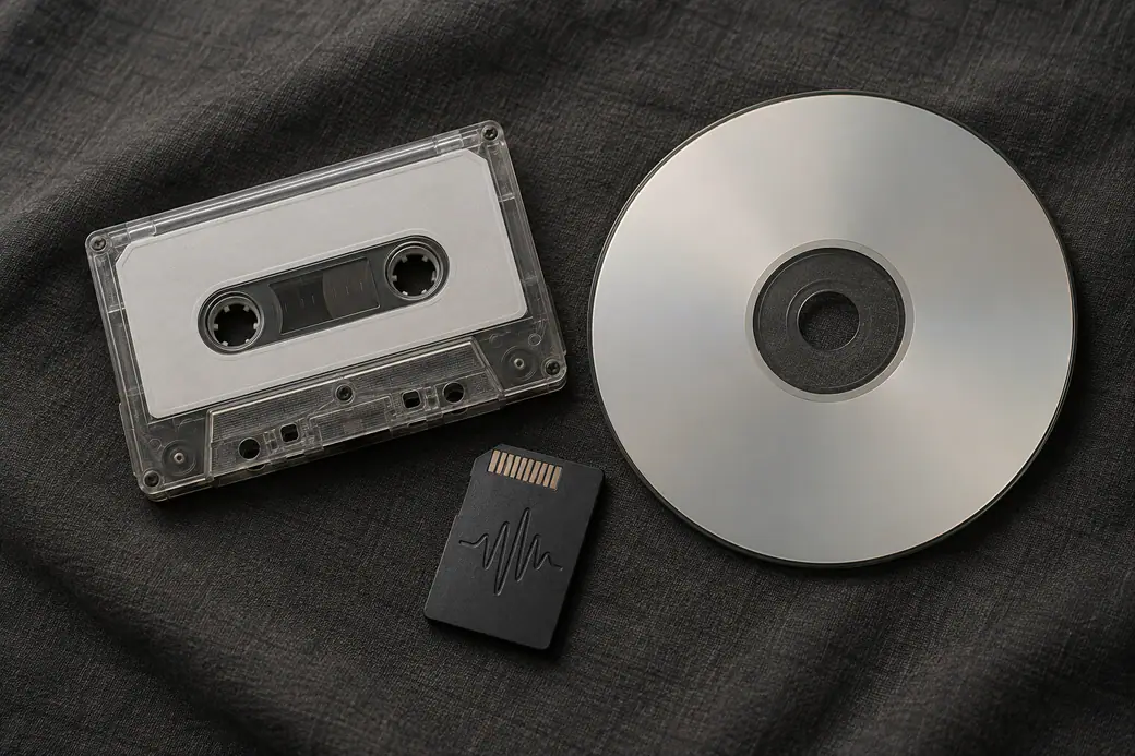 Нейтральные кассета, CD и цифровая музыкальная карточка рядом.