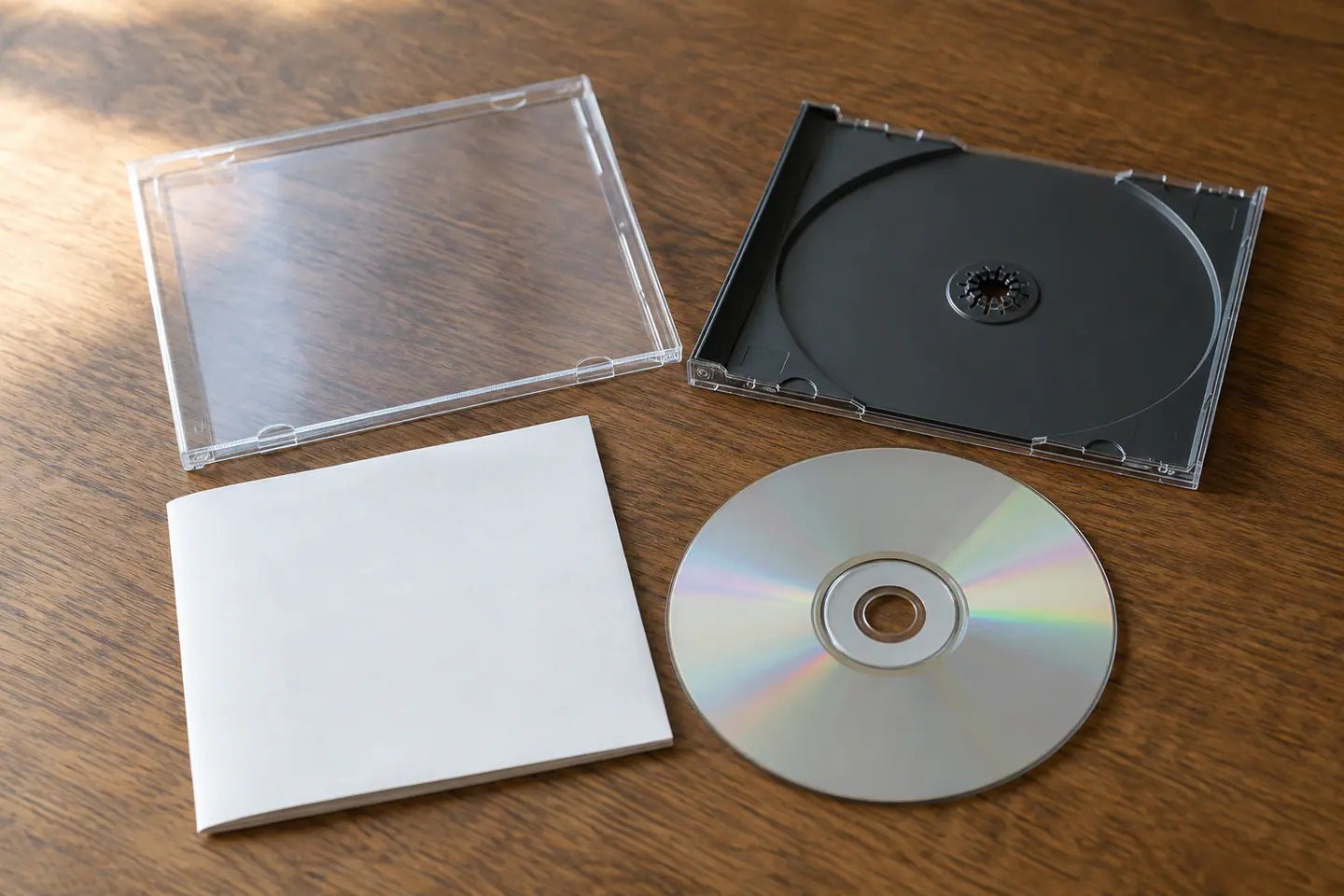 Безымянный CD, прозрачный jewel-case и пустой вкладыш разложены отдельно на деревянном столе.